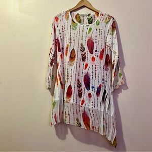 Cactus Feather Print Asymmetrical Tunic Top Boho Flowy Bell Sleeve S